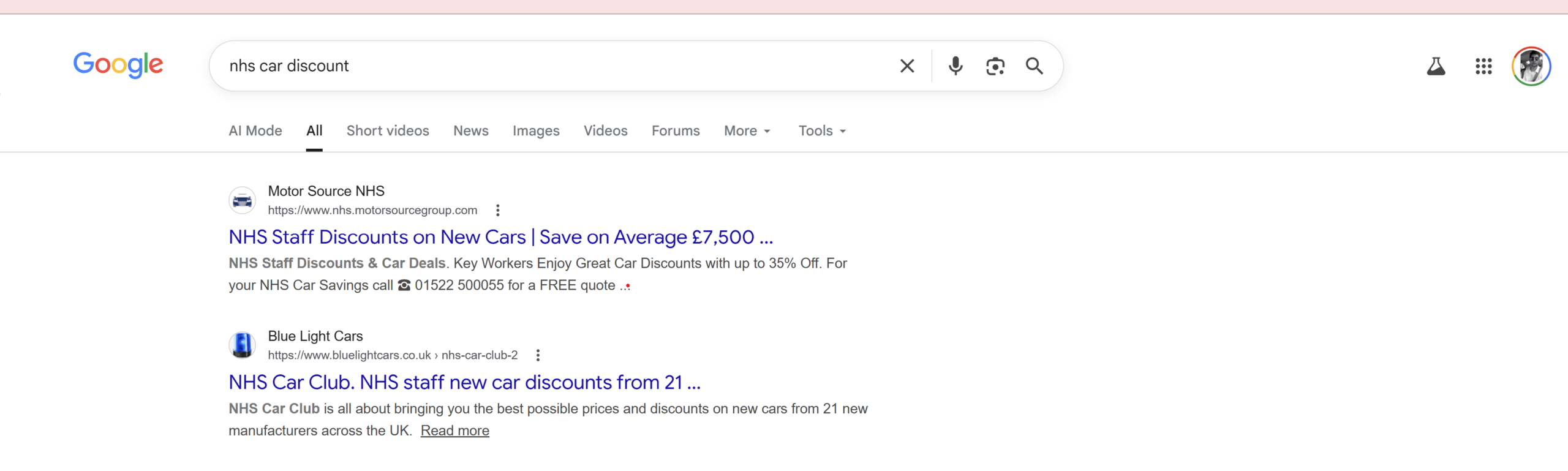 Google search result showing top ranking for NHS car discount